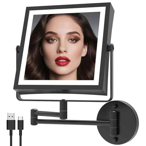 Rechargeable Wall Mounted Makeup Mirror with Lights, 4000mAh Double Sided 1X/10X Magnifying Vanity Mirror with 3 Color Lights, Touch Dimmable, 360¡Æ Extension Foldable Arm (Matte Black)