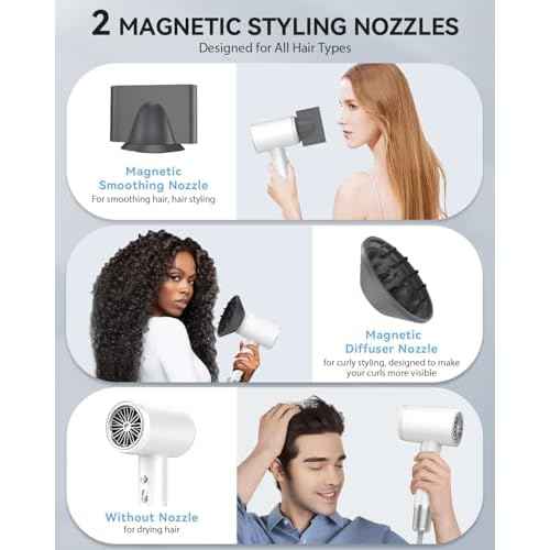2025 New Hair Blower Dryer, warmmama High Speed Hair Dryers Ionic for Curly Hair, Quiet Thermo-Control Portable Hair Dryer with Diffuser and Nozzle for Home Travel, White