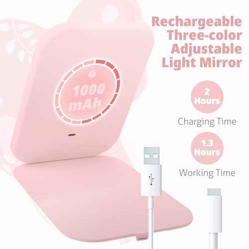 Travel Makeup Mirror, Portable Mirror with 3 Adjustable Light Settings, USB-Rechargeable Vanity Mirror with Lights£¬Gift for Women and Girls (Pink)