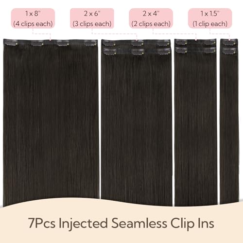 HOTBANANA Invisi Edge Clip in Hair Extensions, 16inch 110g 7Pcs Injected Seamless Clip in Extensions Real Human Hair Dark Brown PU Hair Extensions Straight Hair