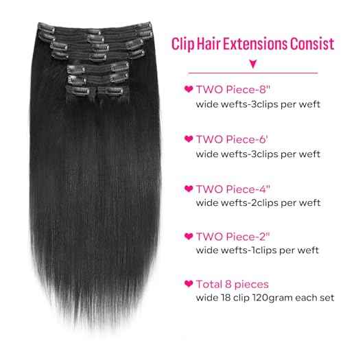 Yaki Straight Clip in Hair Extensions Real Human Hair 8Pcs Remy Human hair Clip ins for Women, Natural Soft Human Hair 120g 20inch #1B Natural Black