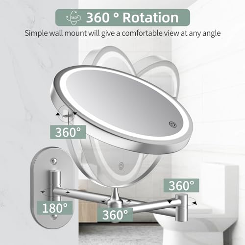 Rechargeable Wall Mounted Lighted Makeup Vanity Mirror 8 inch 1X/10X Magnifying Bathroom Mirror with 3 Color Lights, Double Sided with Dimmable LED Lights, Extended Arm 360¡Æ Swivel Extension Mirror