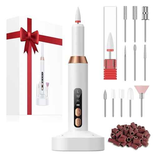 Cordless Rechargeable Nail Drill Kit, 12 Professional Bits & 36 Sanding Bands, 30000RPM Electric Nail Drill Machine, Dual Rotation Ambidextrous Electric Nail File for Acrylic, Gel & Natural Nails