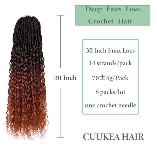 Deep Faux Locs Crochet Hair 30 Inch 8 Packs Goddess Locs Crochet Hair T350 Soft Loc Faux Loc Crochet Braids with Curly Ends Prelooped Deep Wave Croceht Braids for Black Women(Black mixed Ginger)