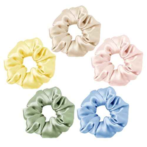LILYSILK Silk Hair Scrunchies Ties for Frizz & Breakage Prevention 100% Mulberry Elastic Ponytail Holder 5PC (gravel gold+pale pink +ice blue+pale green+LILYAUREA)