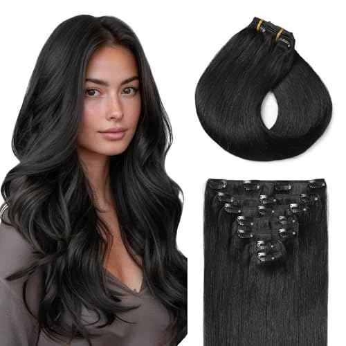 Missme Black Clip In Hair Extensions Real Human Hair 14 Inch 110g 7pcs #1 Jet Black Remy Human Hair Clip In Extensions For Women Invisible Straight Seamless Clip Ins Hair Extensions Double Weft