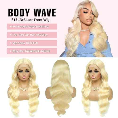 613 HD Lace Frontal Wig 13x6 Blonde Body Wave Lace Front Wigs Human Hair Pre Plucked Glueless Wigs for Women (26inch)