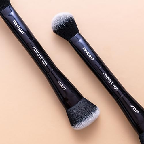 Lune+Aster Contour Duo Brush | Dual-Ended Contour Makeup Brush To Sculpt And Highlight. Made with Alumium Handle, Vegan Bristles.