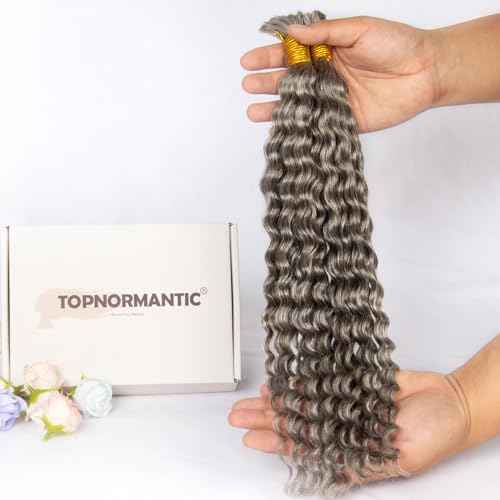 Human Braiding Hair for Boho Braids,Deep Curly Bulk Salt and Pepper Human Hair 100g 2 Bundles/Pack Brazilian Virgin Hair No Weft Wet and Wavy Gray Hair Extensions for Black Women 18 Inch