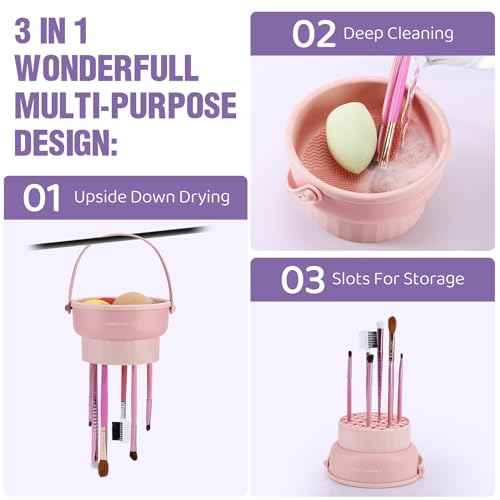 2 Pack Makeup Brush Cleaner Mat 3 in 1 Silicone Makeup Brush Cleaner Makeup Brush Cleaning Bowl Makeup Brush Sponge Scrubber Tool for Cleaning, Storage And Upside Down Drying£¨Two Pink)