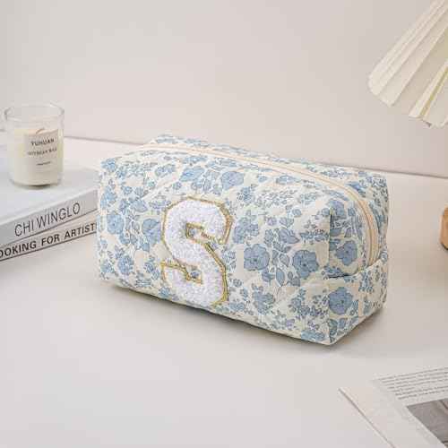 Gleyemor Personalized Initial Makeup Bag for Women, Cute Quilted Blue Floral Cotton Cosmetic Bag, Christmas Gifts for Her Mom Friend Sister Bridesmaid Teacher Women S