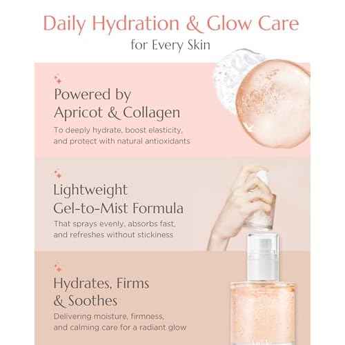 Apricot Collagen Gel Serum Mist Korean Face Moisturizer Spray - 8 Layer Hyaluronic Acid and Bakuchiol - Heart Shape Clear Keychain Refillable Travel Portable Bottle, 6.76 fl.oz