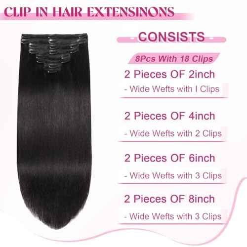 Clip in Hair Extensions Real Human Hair, Remy Human Hair Clip in Extensions for Black Women, Invisible Natural Straight Seamless Clip ins Hair Extensions 8pcs Double Weft #1B 24inch 120g