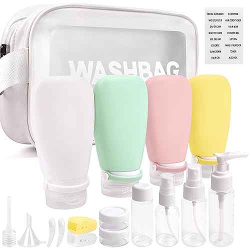 18 Pcs Travel Bottles Set for Toiletries, TSA Approved Travel Size Containers with Bandage Silicone Squeezable for Shampoo Conditioner Lotion Body Wash (Multicolour+White Bag)