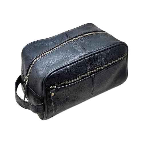 jaald Men's Large Genuine Black Luxury Leather Toiletry Bag Shower Kit Shaving And Grooming Bag For Travel Groomsmen Gift Men Women Hanging Zippered Makeup Bathroom Cosmetic Pouch Make Up Case