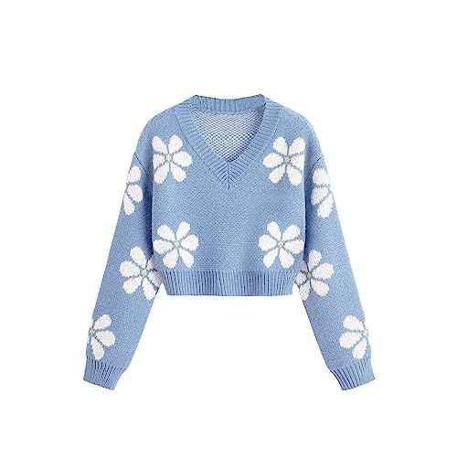SHENHE Girl's Floral Print V Neck Long Sleeve Knitted Cropped Sweater Jumper Tops