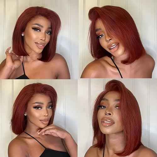 Reddish Brown Bob Wig Human Hair 13x4 Color Straight Lace Front Wigs Human Hair Bob 180% Density Short Brown Lace Front Wigs Human Hair Per Plucked with Baby Hair£¨33# Brown Bob Wig 14inch£©
