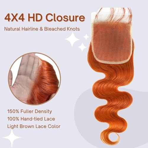 12A Ginger Bundles With Closure Body Wave Human Hair, Soft And Shed-Free Colored #350 Copper Orange 3 Bundles Human Virgin Hair With 4x4 HD Lace Closure Pre Plucked 10 12 14+10 IN Wavy Weave