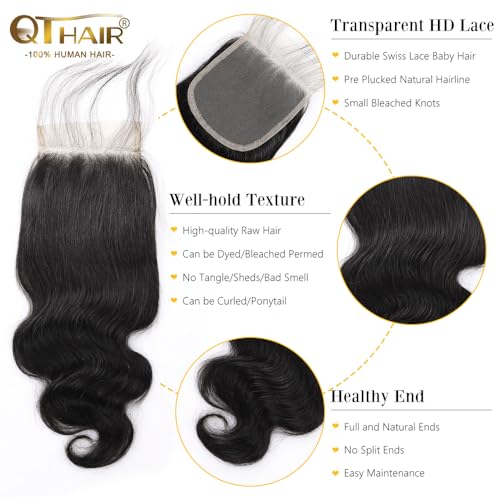 QTHAIR 16A Brazilian Body Wave Human Hair Lace Closure(20" Free Part Natural Black) 100% Unprocessed Brazilian Body Wave Virgin Hair Swiss Lace Closure 150% Density 4x4 Closure