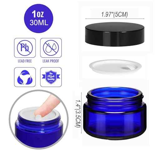 24 Pack 1 oz Round Blue Glass Cosmetic Jars with Inner Liners and Black Lids, Travel Glass Jars, Cosmetic Containers for Lip Balms, Powders, Makeup, Cream, Eyeshadow, Slime, Paint