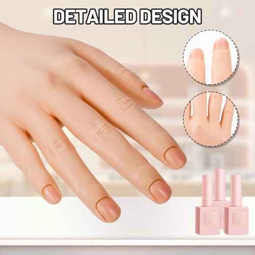 Silicon Practice Hand for Acrylic Nails, Realistic Fake Hand with Stand, 40 Nail Tips and 48 Adhesive Tabs, Reusable & Flexible Mannequin Training Model for Manicure & Nail Art Practice