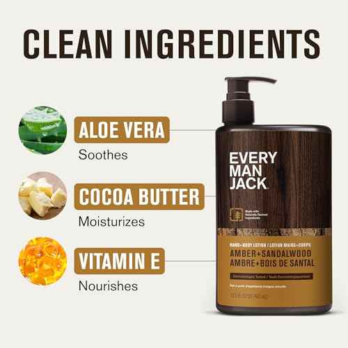 Every Man Jack Mens Amber + Sandalwood Hand & Body Lotion for All Skin Types - Dermatologist Tested & Hypoallergenic - Nourish Skin with Lightweight Fast Absorbing Lotion - 13.5oz 2 Bottles