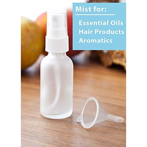 JUVITUS 1 oz Clear Frosted Glass Boston Round Bottle with White Fine Mist Spray (24 pack) + Funnel