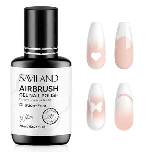 SAVILAND Plus Airbrush Gel Nail Polish Dilution-free: 20 ml No Clogging White Airbrush Nail Polish Non-Acetone Nail Gel P olish for High Pigmented Colors Airbrush N ail Polish for Ombre French Nail
