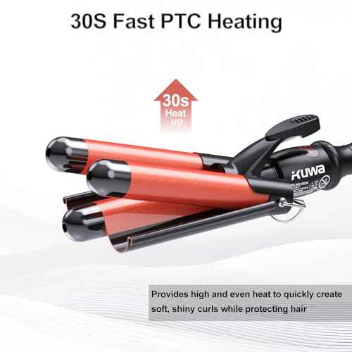 kuwa Three Barrel Curling Iron,Hair Crimper with LCD Temperature Display,1 Inch Crimper Hair Tool,Dual Voltage Hair Crimper,Beach Waver Curling Iron (Black)