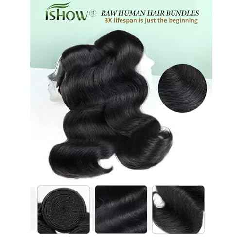 ISHOW Raw Human Hair Bundles, 100% Unprocessed Virgin Human Hair, 15A Body Wave Premium Quality Bundles Producer, 18 Inch Single Bundle, Long Lasting, Color 1B