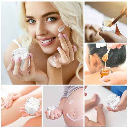 Layhit 64 Pcs 2oz Glass Jars with Lids Clear Small Jars with Plastic Woodgrain Lids, White Labels and Inner Liners Empty Round Cosmetic Containers for Creams Lotions Candle Making (2oz/ 60ml)