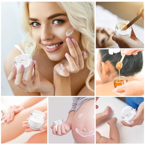 Layhit 36 Pcs 2oz Glass Jars with Lids Clear Small Jars with Plastic Woodgrain Lids, White Labels and Inner Liners Empty Round Cosmetic Containers for Creams Lotions Candle Making (2oz/ 60ml)