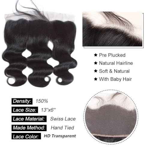 MSGEM 13x6 Lace Frontal Body Wave HD Transparent Frontal Ear to Ear 13x6 Lace Frontal Closure With Baby Hair Free Part 100% Virgin Human Hair Closure Natural Hairline 150% Density 18inch