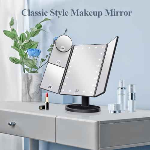 HUONUL Makeup Mirror Vanity with Lights, 2X 3X 10X Magnification, Lighted Mirror, Touch Control, Trifold Dual Power Supply, Portable LED Women Gift (Black)