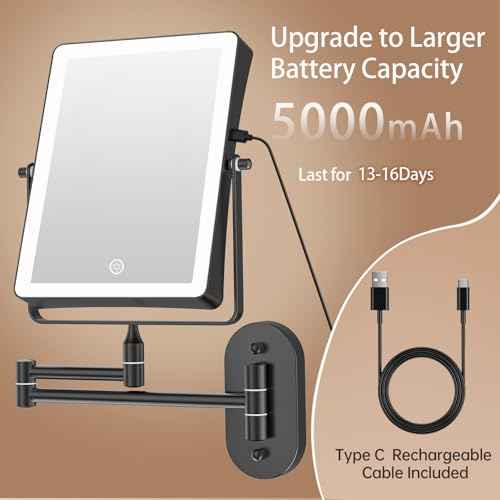 FASCINATE 5000mAh Rechargeable Wall Mounted Makeup Mirror, 8.7" Double Sided Touch Switch 1X 30X Rectangle Magnifying Mirror with Light, 3 Color Setting, Extended Arm 360¡Æ Swivel Foldable Black