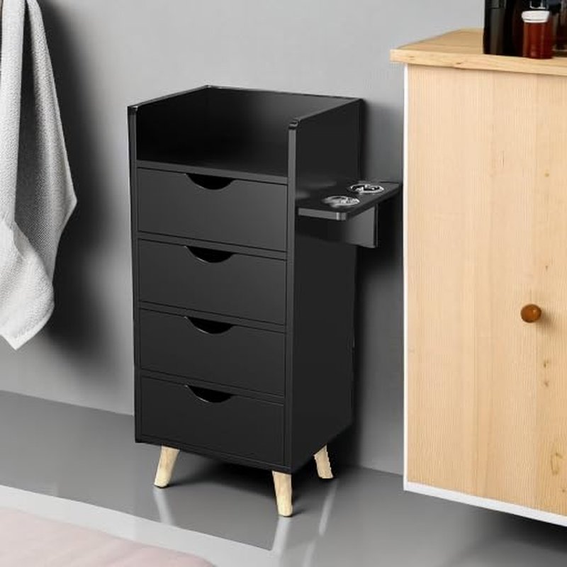 OmySalon 4-Layer Salon Storage Cabinet | Beauty Styling Station Organizer with 2 Hair Dryer Holders & 4 Drawers - Black