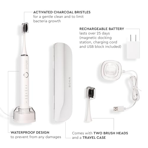 Boka 3.0 Electric Toothbrush for Adults w/ 2 Heads - Rechargeable Sonic Powered Tooth Brush - Charcoal Activated Bristles for Deep Cleaning - Dentist Recommended Oral Care - Charging Base w/Micro USB