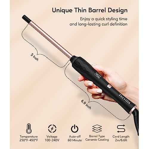 Terviiix Small Barrel Curling Iron Wand, 3/8 Inch Thin Curling Wand Iron for Short & Long Hair, Argan Oil and Keratin Infused Ceramic Curler with Digital Adjustable Temperature & Auto-Off, 9mm, Black
