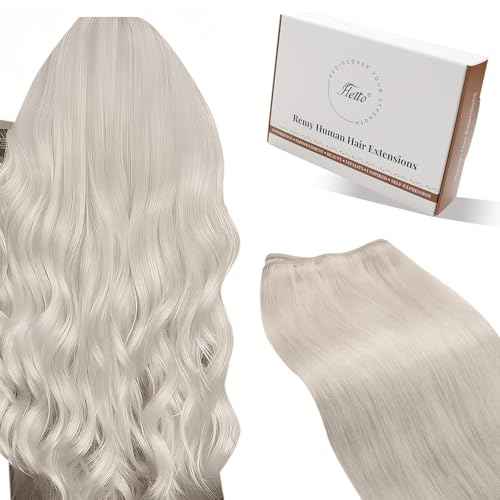 Hetto Sew in Hair Extensions Real Human Hair Blonde Weft Hair Extensions Human Hair Platinum Blonde Human Hair Extension Weft Straight Silky 18 Inch 100g