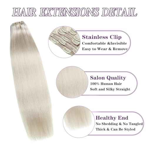 Human Hair Clip in Extensions 22 Inch Clip in Hair Extensions Real Human Hair Platinum Blonde Remy Human Hair Clip ins, Straight Silky Hair Extensions for Women, 85g 7Pcs Easy to Install