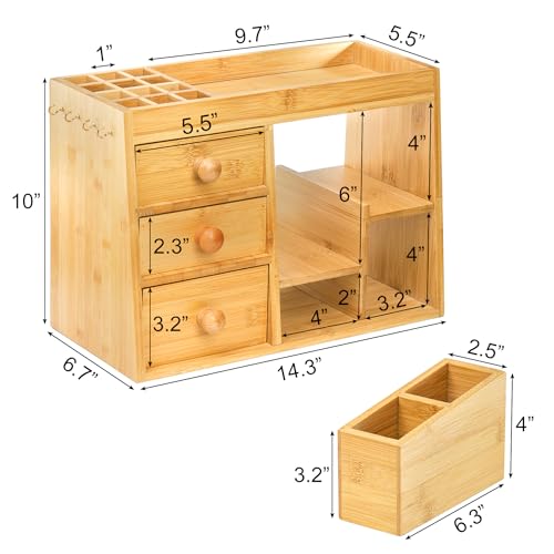 Elsjoy Bamboo Makeup Organizer with 3 Drawers & 12-Grid Lipstick Holder, Desk Bamboo Vanity Jewelry Organizer, Countertop Cosmetic Storage Box Stand with Hooks for Hanging Jewelry