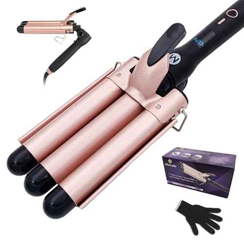 3 Barrel Curling Iron, 1 Inch Ceramic Tourmaline Hair Waver Wand with LCD Temperature Display, Fast Heating Foldable Crimpers for Travel Glove Included (Gold)