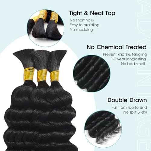 Human Braiding Hair for Boho Braids, 100% Virgin Human Hair No Chemical Processing, Black Bulk Human Hair for Braiding Small Knotless Braids Bohemian Style (Black - Deep Wave, 150g - 16 Inch)