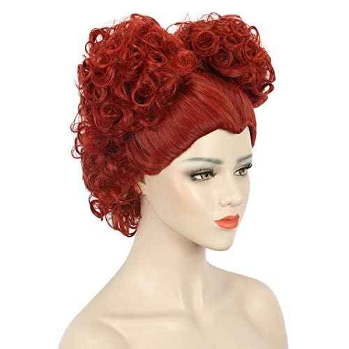 karlery Adult Women Short Curly Red Bud Bal Wig Flat Bangs Updo Chignon Sanderson Costume Wig Halloween Cosplay Party Wig