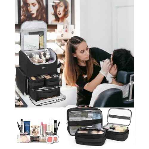 Relavel Makeup Backpack Large Makeup Bag with 3 Clear Set Bags, Dual Layer Professional Cosmetic Organizer Travel Train Case Makeup Artist Kit with Adjustable Dividers & Easy to Clean Lining, Black
