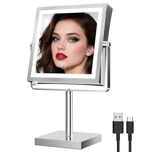 Ruacq Rechargeable Makeup Mirror, 4000mAh Lighted Makeup Mirror with Magnification 1X/10X, Height Adjustable Vanity Mirror with Lights, 3 Color Lights, Adjustable Brightness, 360¡ÆRotation (Chrome)
