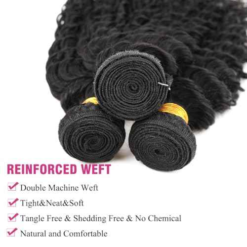 Human Hair Bundles Deep Wave Brazilian Virgin Human Hair 3 Bundles Deals 12 14 16inch 100% Unprocessed Brazilian Deep Wave Curly Bundles Weaves for Black Women Nature Black