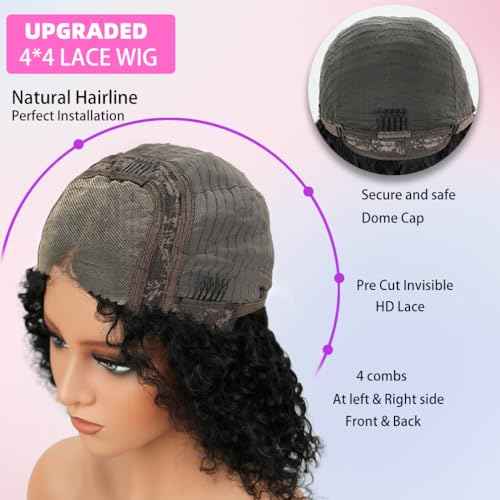 ISWEET HD Glueless Wigs Human Hair Pre Plucked Pre Cut Bob 4x4, 10 Inch #1B Natural Black 210% Density Hairline Curly Bob Wig Human Hair, Wear and Go Deep Wave Lace Front Wigs for Black Women