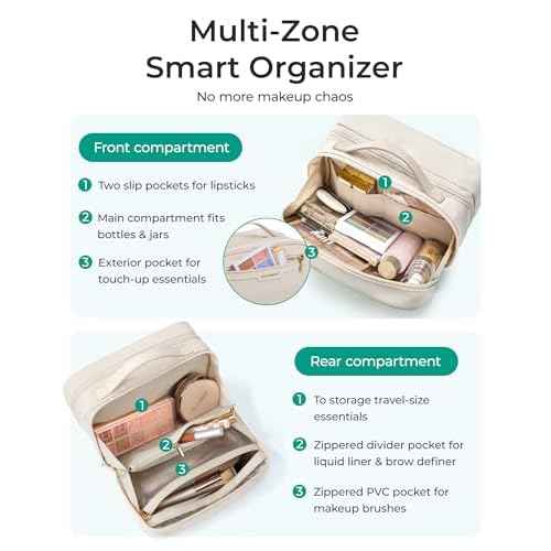 BAGSMART Travel Makeup Bag, Make Up Bag with Multiple Compartments for Organizer, Durable & Compact Cosmetic Organizer for Women for Travel Accessories (Beige)