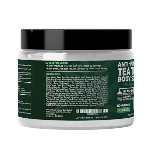 Terramed Just Think Comfort Antifungal Body Scrub with Tea Tree Oil ? Exfoliating Body Wash for Women & Men ? Soothes Itchy Skin, Rashes, Acne, Warts & Insects Bites ? 12 Fl oz with Scrubber Brush